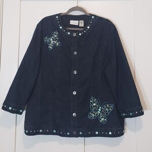 Alfred Dunner Denim Shacket Button Down Size 18 Shirt Jacket Butterflies Embroid